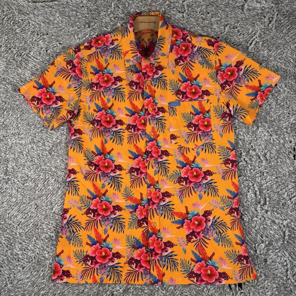 Retro Rifle Hibiscus Hawaiian Shirt Mens Small Beach Short Sleeve Floral Stretch